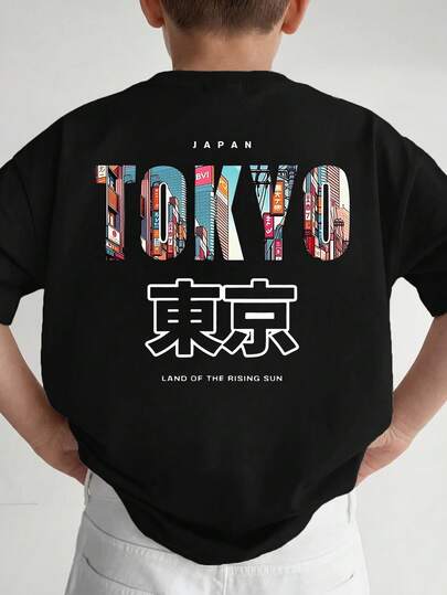 1pc Tween Boys' Summer New Japanese Tee, Tokyo City Streetscape & Letter Print Loose Casual Oversized Big Kids Retro Style