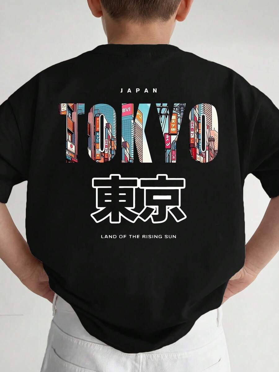 1pc Tween Boys' Summer New Japanese Tee, Tokyo City Streetscape & Letter Print Loose Casual Oversized Big Kids Retro Style - Black - View 1