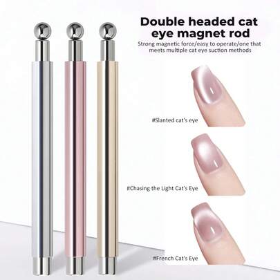 Set de 3 piezas de herramientas magnéticas para arte de uñas (incluye barra magnética y mango de aluminio largo) - Imán de uñas de doble efecto: una herramienta magnética profesional de doble efecto para esmalte de uñas "ojo de gato". Crea fácilmente diversos efectos de arte de uñas "ojo de gato", adecuado para uso casero DIY o salón de uñas, compatible con esmalte de uñas magnético y bolígrafo para uñas/pedicura.