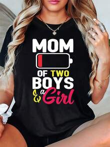 Soft Graphic Tee For Women, With A Playful Design Featuring A Drum Icon With The Words 'MOM OF TWO S & A'. This Short Sleeve Tee Is Machine Washable, Made Of Non-See-Through Fabric And Has A Stretchy Material, Perfect For Spring And Summer-X. - Black - View 2