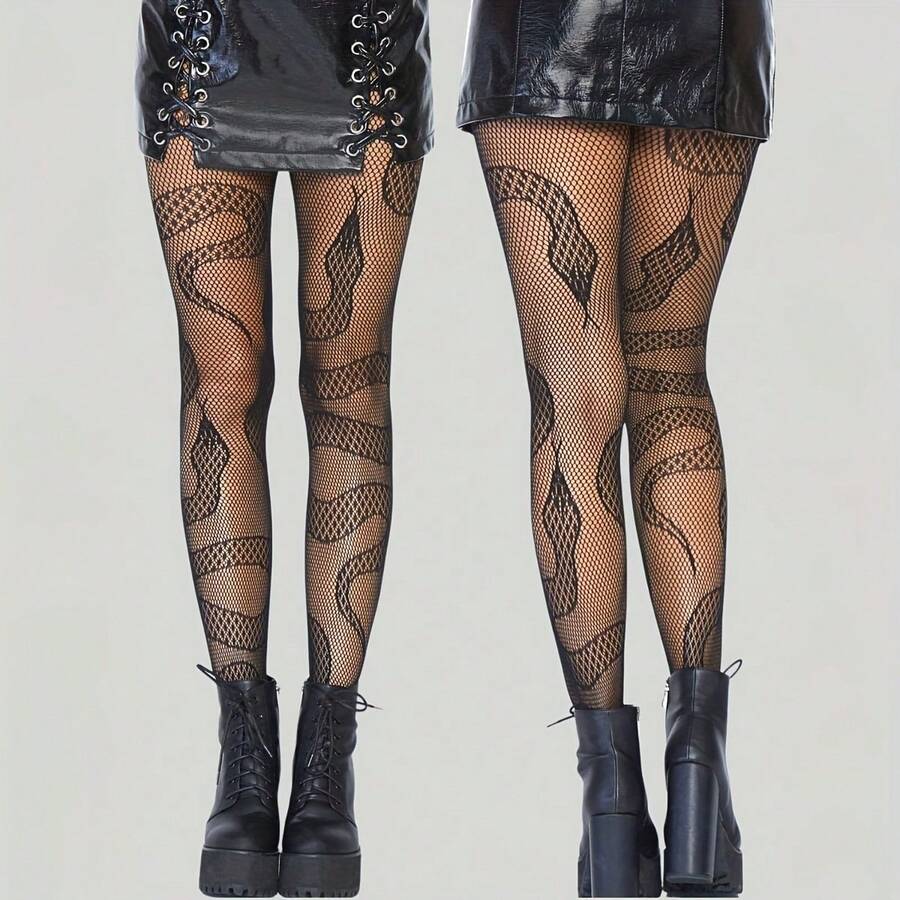 Women's Black Fishnet Tights – Sexy Snake Pattern Mesh Leggings, All-Season Slim Fit - 黑色 - 查看 1