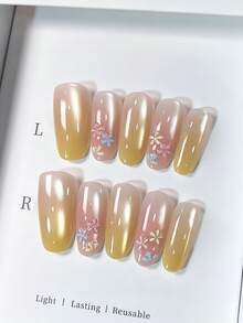 10片中号椭圆形假指甲，裸粉色-奶油黄渐变猫眼底色，手绘彩色花朵点缀，清新甜美风格，100%纯手工制作，按压式亚克力指甲，可重复使用。美甲用品包含1片果冻胶贴纸、1根胶棒和1把指甲锉，适合女性日常或派对佩戴。 - 彩色 - 查看 14