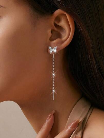 1 Đôi bông tai hình bướm tua rua bằng bạc Sterling S925, kiểu dáng tối giản thanh lịch, lấp lánh sang trọng, phù hợp cho phụ nữ đeo hàng ngày hoặc dự tiệc, là món quà cao cấp, trang sức tinh tế độc đáo và thời trang.