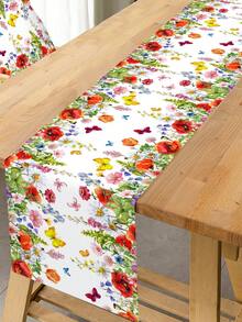 1件装野花图案涤纶桌布，180*35厘米蝴蝶图案桌旗，适用于生日派对、婚礼、新娘送礼会、春夏家庭假日派对装饰、厨房餐桌装饰，一次性桌布 - 紅色野花 - 查看 11