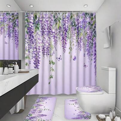 1/4pcs Purple Lavender Floral & Butterfly Shower Curtain Set, Purple Lilac Leaf Fabric Shower Curtain Set, Suitable For Girls' Bathroom Decor, Watercolor Style Bathroom Accessories With Hooks