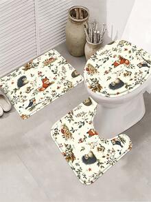 4pcs/Set Forest Animal Pattern Bathroom Shower Curtain Set, Vintage Countryside Style, Includes 12 Hooks, 72"X72", Also Comes With Toilet Seat Cover, Bath Mat And Rug; Made Of High-Quality Polyester Fabric, Washable And Mildew-Resistant, Suitable For Holiday Decoration, Bathroom, Room, Bedroom Decor, Bathroom Accessories, Kitchen Decor, Western-Style Bedroom Curtains, Western-Style Residence And Mother's Day Theme Decoration. - Fox - View 7