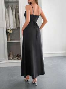 PoPoHouse 女士长裙，优雅性感波西米亚风度假纯色派对吊带系腰连衣裙，春夏黑色 - 黑色 - 查看 2