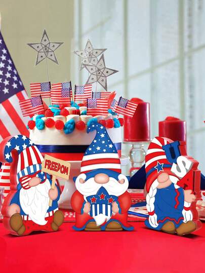 3件套/7月4日爱国木制装饰品，一套3件美国国旗条纹星小矮人装饰品，适合独立日、阵亡将士纪念日派对、家庭厨房或书架，可作为餐桌上的独立中心装饰品。