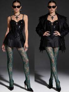 1pc Women's Sexy Tight Floral Jacquard Hollow Fishnet Stockings, Thin Goth Style Pantyhose, Versatile For Spring/Summer, Suitable For Halloween, Commute, Date, Party - Dark Green - View 2