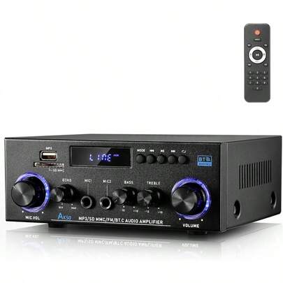 Bộ khuếch đại âm thanh nổi không dây AK-50, công suất 50W x 2, bộ thu khuếch đại âm thanh nổi HiFi với điều khiển từ xa, hỗ trợ MP3, USB, thẻ SD, AUX, điều chỉnh âm trầm và âm bổng, phù hợp cho âm thanh gia đình, tiệc tùng, karaoke, gara và nhiều hơn nữa.
