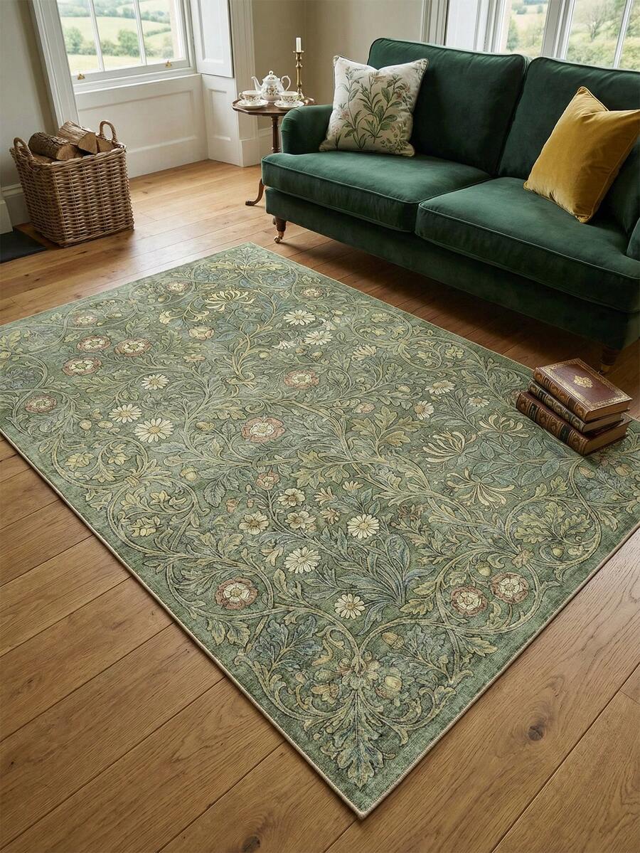 1 pieza Alfombra floral verde para sala de estar, adecuada para cocina, comedor, dormitorio, decoración de vacaciones, interior/exterior, oficina, vestíbulo, felpudo antideslizante, alfombra de baño, pasillo, estudio, alfombra para área de juegos