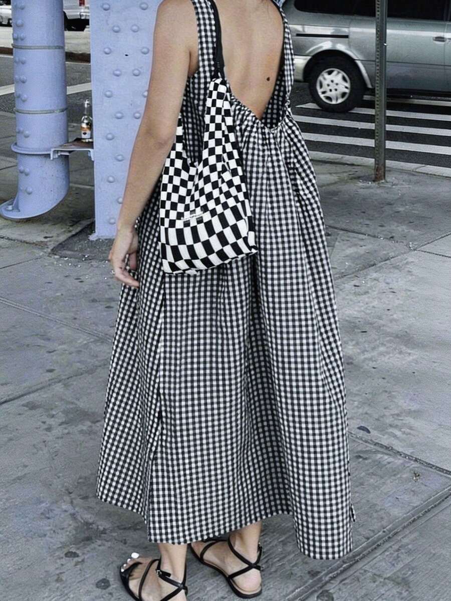 Đầm nữ kẻ caro thanh lịch, thích hợp cho kỳ nghỉ, bãi biển, mùa xuân/hè, kiểu dáng tối giản, đa năng, mang hơi hướng cổ điển và dự tiệc. - màu đen - Xem 1