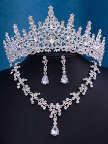 Bộ trang sức cô dâu phong cách Baroque gồm vương miện, vòng cổ và bông tai, phụ kiện đội đầu bằng thủy tinh, đính đá pha lê lấp lánh sang trọng, thích hợp cho đám cưới, sinh nhật, mùa hè. - Nhiều màu - Xem 17