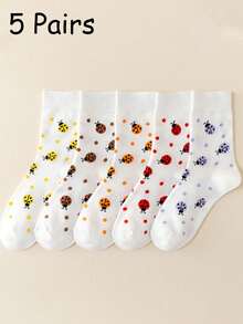 5 Pairs Women's White Mid-Calf Socks, Ladybug Jacquard Pattern, Elastic & Soft, Cute Campus Style, Suitable For Spring, Summer, Autumn, Winter Daily Wear, Commuting & Home - Multicolor - View 7