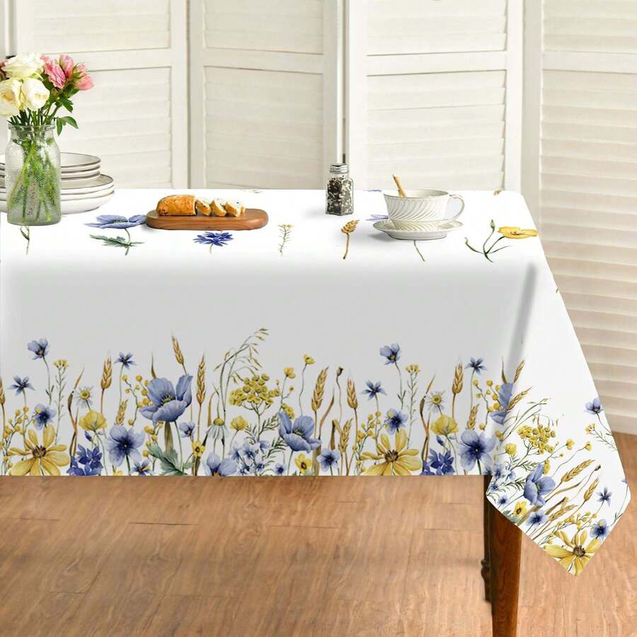 1pc Rectangular Spring Tablecloth, Made Of Polyester Fabric, Decorated With Watercolor Style Wild Flowers And Butterflies Pattern, Washable, Stain-Resistant, Wrinkle-Resistant, Suitable For Party Decor, Kitchen, Picnic And More Occasions - Baby Blue - View 1