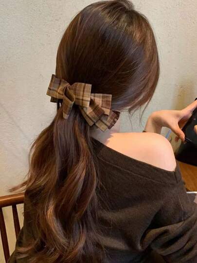 1. 复古棕色格子图案发夹，女士秋冬新款鳄鱼夹发饰，多层蝴蝶结发夹，扭结发髻发夹，香蕉夹发饰，鳄鱼夹，发卡，发夹，发饰，女士发饰