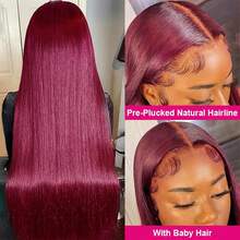 99j Burgundy Lace Front Wigs Human Hair 34Inch 13x4 Burgundy Wig Human Hair 250% Density Brazilian Virgin Straight Human Hair Wigs For Women Pre Plucked With Baby Hair - S99J - 查看 2
