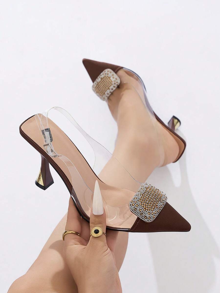 Sepatu hak tinggi stiletto ujung runcing wanita dengan hiasan gesper logam berlian imitasi, modis dan elegan untuk perjamuan, pesta, kegiatan luar ruangan, kencan, hadiah ulang tahun, gaun, paduan serbaguna, musim semi/panas/gugur/dingin, hak tinggi PVC cokelat kopi.