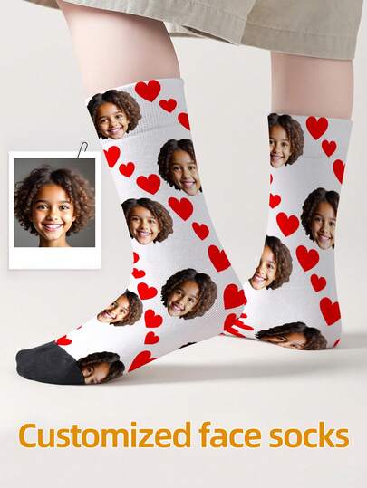 1 Pair Custom Face Socks, Unisex For Boys And Girls, Girls' Mid-Calf Socks, Boys' Mid-Calf Socks, Personalized Socks With Photo For Teenagers, Fun Customized Image Socks For Boys And Girls, Suitable For Daily Wear, Holidays, Birthdays, And Other Occasions