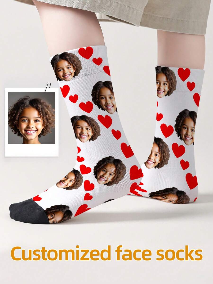 1 Par de Meias Personalizadas com Rosto, Unissex para Meninos e Meninas, Meias Cano Médio para Meninas, Meias Cano Médio para Meninos, Meias Personalizadas com Foto para Adolescentes, Meias Personalizadas com Imagem Divertida para Meninos e Meninas, Adequadas para Uso Diário, Feriados, Aniversários e Outras Ocasiões - Multicolorido - Visão 1