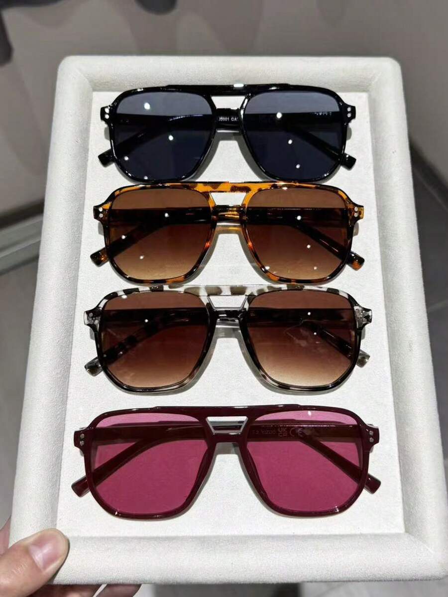 4pcs Plastic Geometric Combination Fashion Glasses, Unique Double-Bridge Design, Suitable For Street Style, Tropical Beach Vacation, Holiday Gift, Beach Accessories - 4pcs Black and Red Leopard Print White Tofu Pudding Set - View 1
