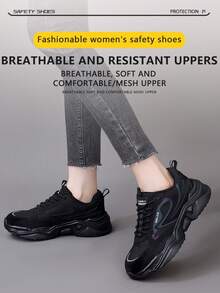 Giày bảo hộ động nữ, giày thời trang buộc dây mũi thép, giày động nhẹ, chống mài mòn, chống trượt, chống va đập, chống đâm thủng, giày thể thao, ủng bảo hộ an ninh cho nữ. - màu đen - Xem 5