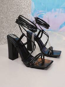 Women's Fashionable Chunky Heel Square Toe Sexy Sandals - Black - View 12