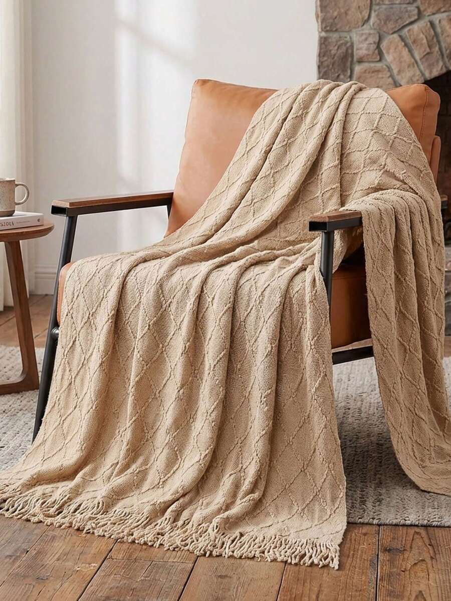 1pc Light Blue Diamond Plaid Knitted Blanket, Nordic Casual Style Tasseled Rectangular Throw Blanket For Sofa, Office Nap, Suitable For Daily Use - Diamond-shaped Khaki - View 1