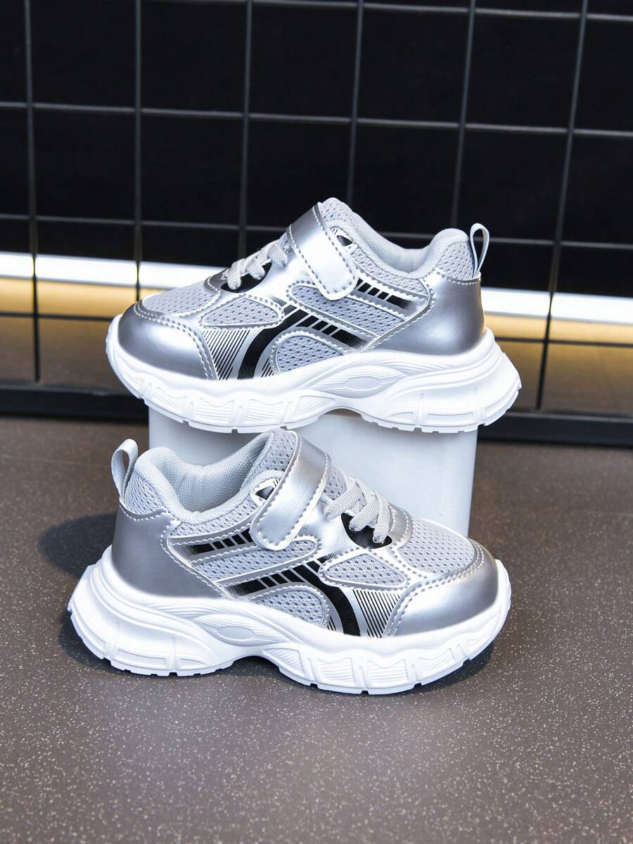 Kids Silver Mesh Breathable Platform Sneakers, Unisex Children Hook And Loop Casual Sports Running School Shoes Size 21-30 - Grey - View 1