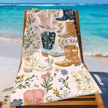 1pc Summer Vibe | Colorful Funky Cowgirl Boots & Floral Pattern Microfiber Beach Towel - Soft, Absorbent, Quick-Dry - Perfect For Swimming, Camping, Bathing - Tropical Style, Lightweight, Machine Washable, Beach Towel, Extra Large Sand-Free Beach Blanket - Highly Absorbent Bath Towel - A - View 4
