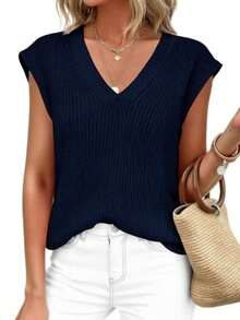Women's Knit Sweaters Vest Lightweight Spring Cap Sleeve V Neck Tank Tops Summer Going Out Outfits - 藏蓝色 - 查看 1