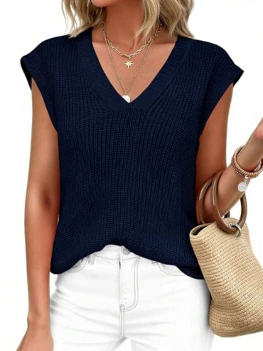 Women's Knit Sweaters Vest Lightweight Spring Cap Sleeve V Neck Tank Tops Summer Going Out Outfits - 藏蓝色 - 查看 1