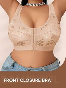 Plus Size Women Non-Wired Front Closure Floral Print Bra, Supportive & Comfortable For Daily Wear - Apricot - View 4