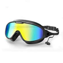 Hasbro 1 pieza Gafas de natación de marco grande unisex para adultos, con recubrimiento antivaho, resistente al agua y protección UV, con acabado electrolítico, con tapón para los oídos incorporado y correa ajustable - Adecuado para piscina, playa y entrenamiento de natación - Estilos aleatorios - Ver 2