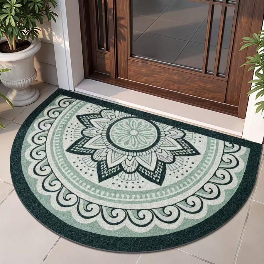 1 pieza Felpudo de media luna con patrón de mandala en verde menta, felpudo, alfombra pequeña, felpudo de bienvenida, alfombra, felpudo de piso, felpudo de exterior, alfombra de cocina, decoración del hogar, felpudo de entrada, alfombra pequeña de área, felpudo de exterior, decoración del hogar, alfombra de área, alfombra de jardín, alfombra lavable - Multicolor - Ver 1