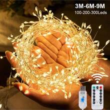 1串100/200/300颗LED灯珠，USB接口，8种模式，5/8/11米铜线，适用于婚礼、生日派对、露营、万圣节、圣诞节装饰，闪烁灯串，可用于户外、花园、露台、庭院、圣诞树装饰。 - 黃色 - 查看 2