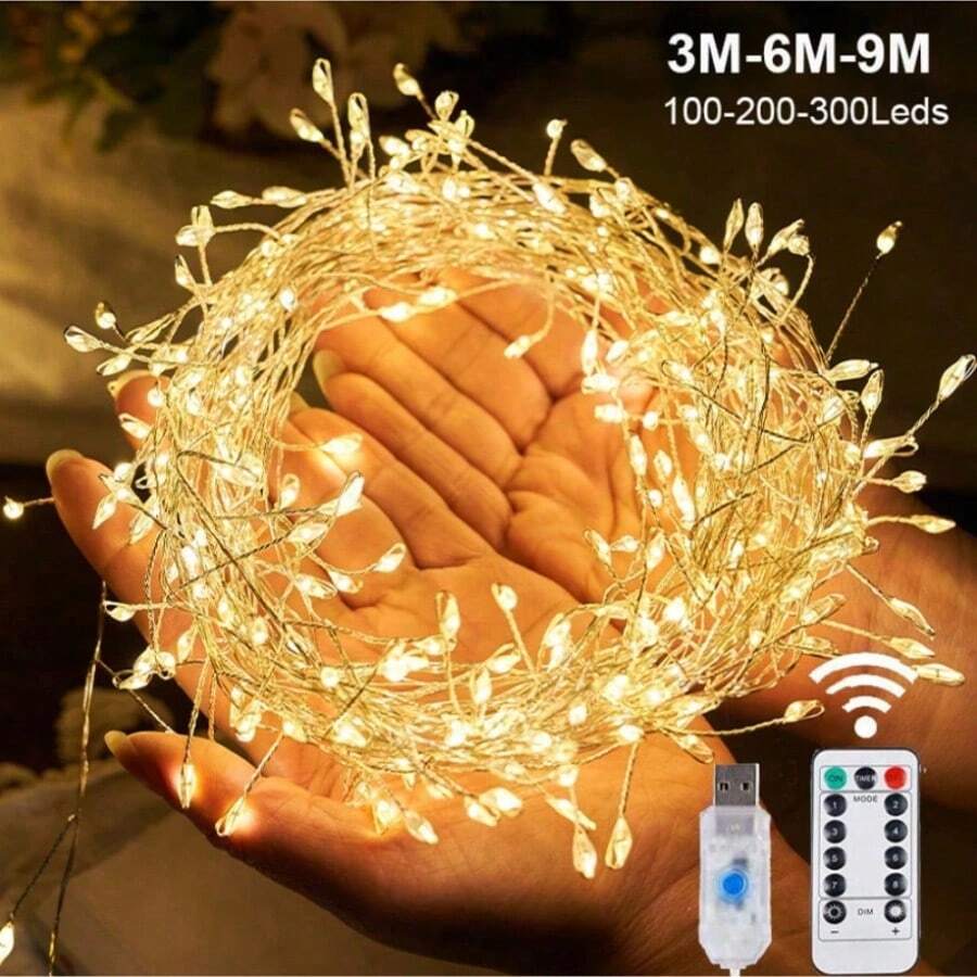 1串100/200/300颗LED灯珠，USB接口，8种模式，5/8/11米铜线，适用于婚礼、生日派对、露营、万圣节、圣诞节装饰，闪烁灯串，可用于户外、花园、露台、庭院、圣诞树装饰。