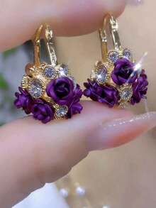 1pair 2pcs Vibrant Flower Basket Red Rose Shaped Earrings For Women Valentines - 紫色 - 查看 11