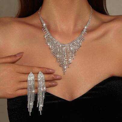 1 Set funkelnde Kristall-Quasten-Ohrringe + komplett besetzter Halskette, Damen Hochzeitsschmuckset, geeignet für Party, Bankett, Alltagstragen und als Geschenk