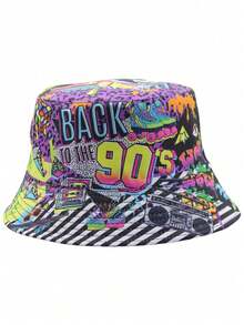 1pc Unisex Retro 80s Style Letter Graphic Print Reversible Bucket Hat, Random Pattern Placement, Suitable For Spring/Summer - A - View 3