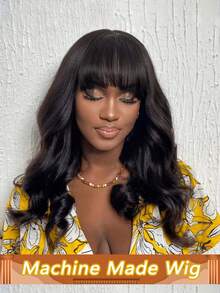 Tóc giả gợn sóng không viền ren phía trước, tóc giả làm từ tóc thật, có mái, dành cho nữ, dễ đội, không cần keo dán, độ dày 180%, tóc thật nguyên chất Brazil. - Natural Black - Xem 2