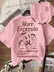 Camiseta de manga corta de cuello redondo holgada con gráfico del Club de Café Espresso, casual de verano para mujer - Rosa Pálido - Ver 6