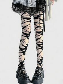 黑色性感火辣朋克哥特亚文化风格不规则镂空破洞连裤袜，适合约会、派对和度假穿着。 - 黑色 - 查看 8