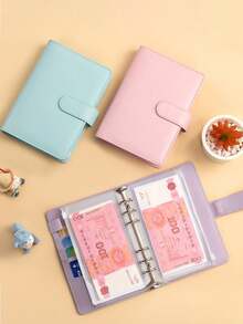 Juego de cuadernos de hojas sueltas de color macaron PU A6, con tapa desmontable, papelería creativa, incluye 8 bolsillos con cremallera - Multicolor - Ver 7