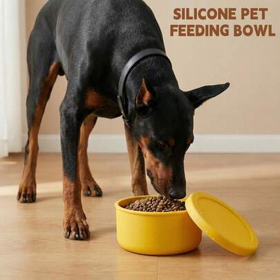 700ml Silicone Pet Food Bowl With Lids. Family Cat And Dog Universal Bowl Or Pet Food Storage Tubs For Trips, With Good Sealing And No Liquid Leakage. Bright Yellow 1pc.