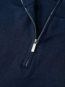Men's Summer Half-Zip Solid Color Knit Polo Shirt, Suitable For Summer Outings, Essential For Fashionable Styling - Navy Blue - View 9