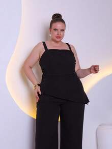 Women's Plus Size Tailored Set Consisting Of A Blouse And Wide-Leg Trousers C3090-2 - الأسود - مشاهدة 3