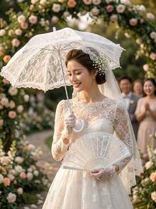2pcs Wedding Accessory Set Of Lace Umbrella And Lace Plastic Fan, Decorative Prop Set. Outdoor Wedding Decorative Umbrella And Fan Kit, Wedding Photography Props, Suitable For Weddings, Dance Performances, Bachelorette Parties And Wedding Decorations - Multicolor - View 3