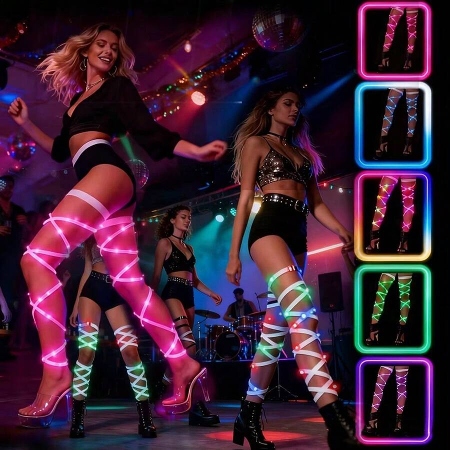 2 PCS Sparkling LED Light Up Leg Wraps For Women, Twinkling Luminous Garter Set Professional Performance Props, Flashing Neon Leggings For 2026 Spring Music Festival & Easter Party Accessories - LED Leg Wraps - View 1