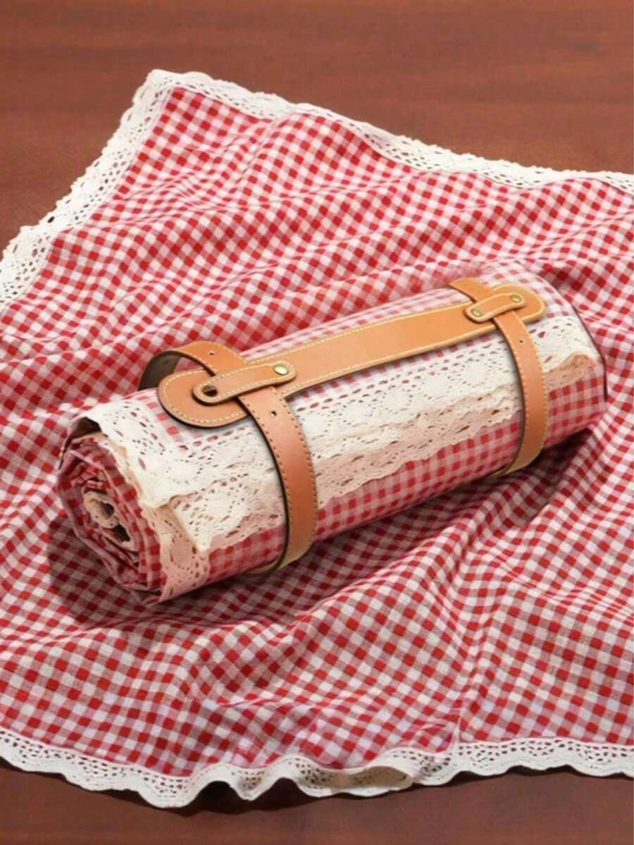 1pc Waterproof Charming Red & White Plaid Rectangular Picnic Blanket - Woven Rayon Tablecloth With Lace Edge, Foldable Double-Layer Sand-Proof Beach Mat With Strap, Suitable For Camping, Beach, Photography Background, Picnic Accessories - Red - View 1